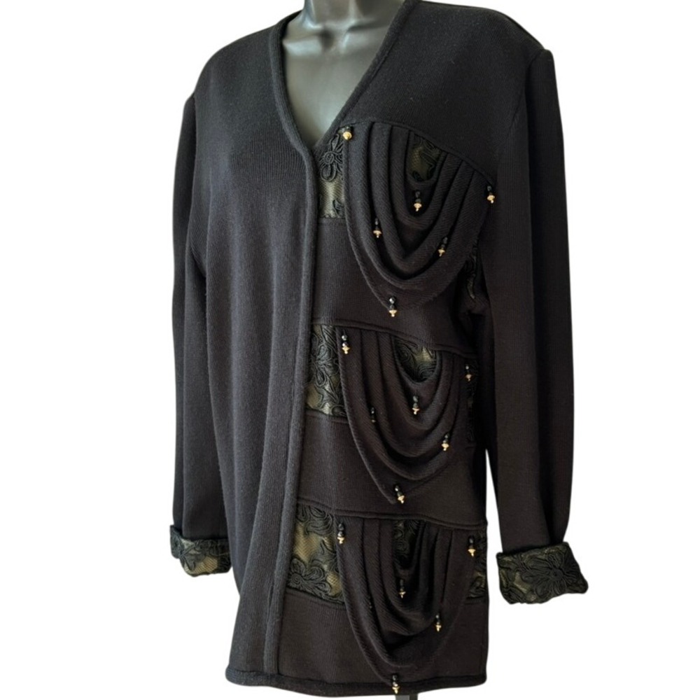 Vintage Cleo Hand Knit Sweater‎ Sz L Wool Blend Black Lace Embellished Holiday